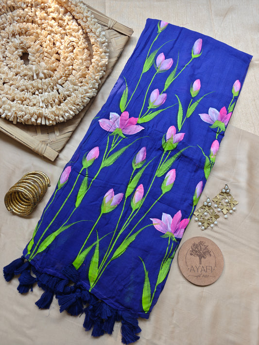Navy Lotus Hand-Painted Mulmul Saree