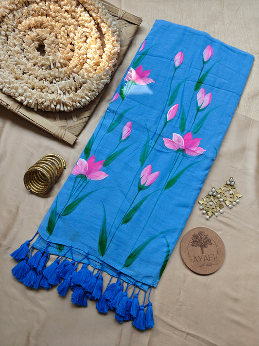 Blue Lotus Hand-Painted Mulmul Saree