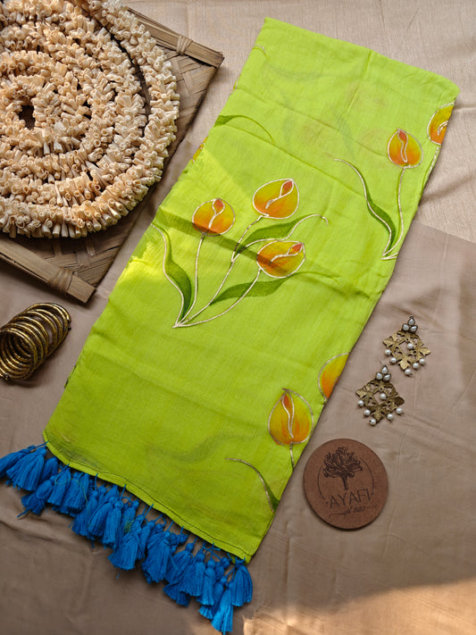 Neon Tulip Bouquet Hand-Painted Saree