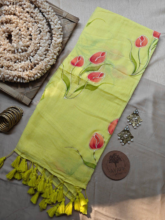 Yellow Tulip Bouquet Mulmul Hand-Painted Saree