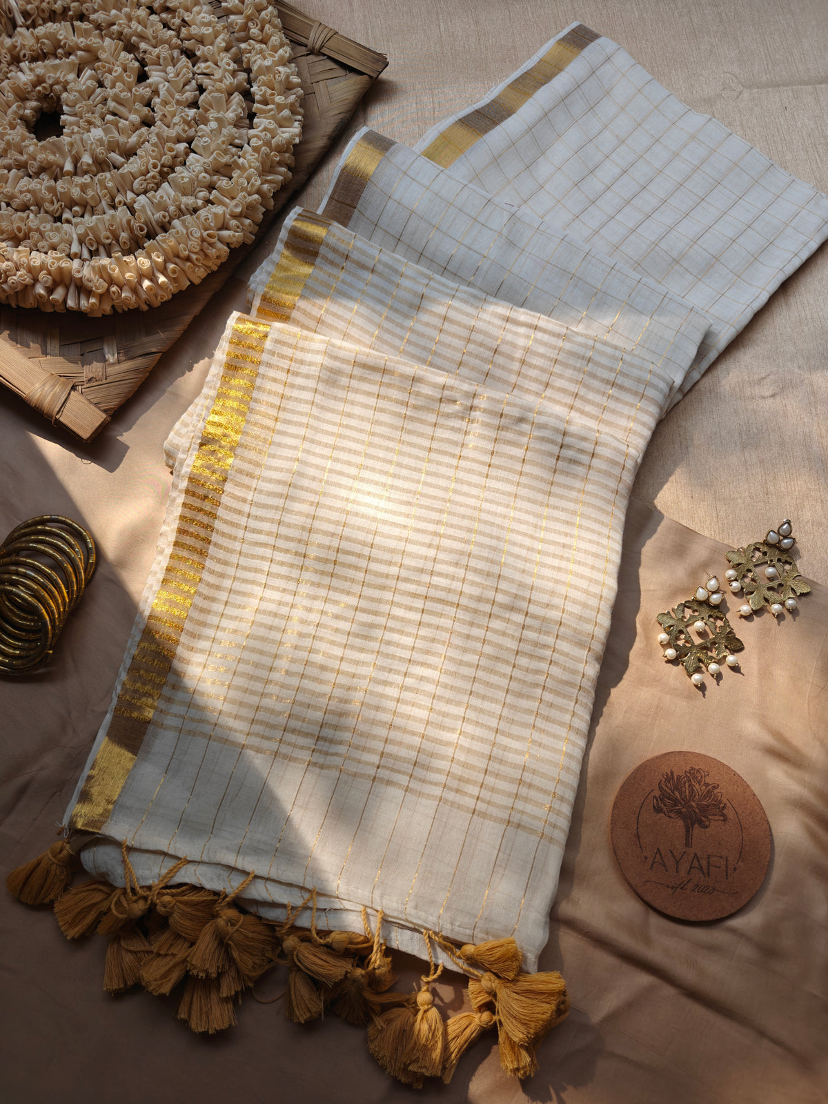 RESHAM - Ivory Golden Checked Mulmul Cotton Saree