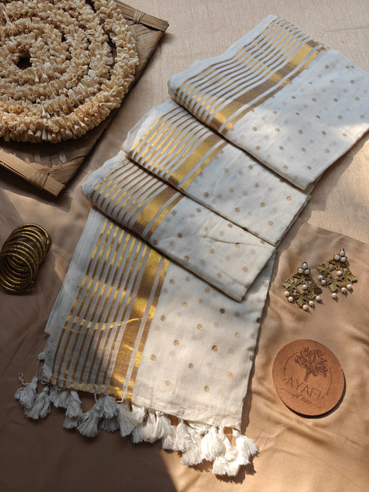 SHWETA - Ivory Polka Dots Foil Printed Mulmul Cotton Saree