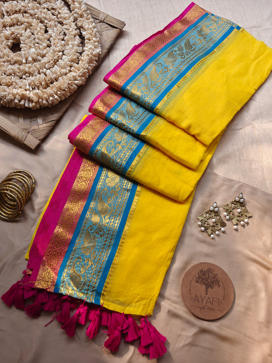 ESHANI - Yellow Jacquard Multicolored Zari Border Mulmul Cotton Saree