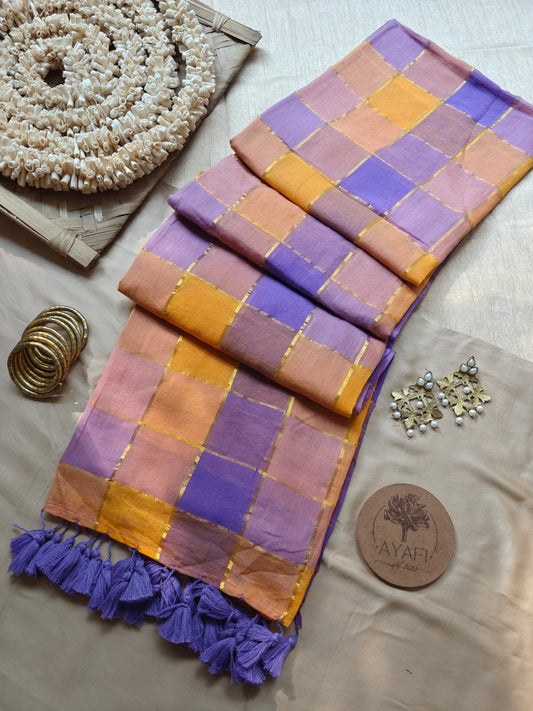 RUSHA - Purple Mustard Gold Zari Checked Multicolor MulMul Cotton Saree