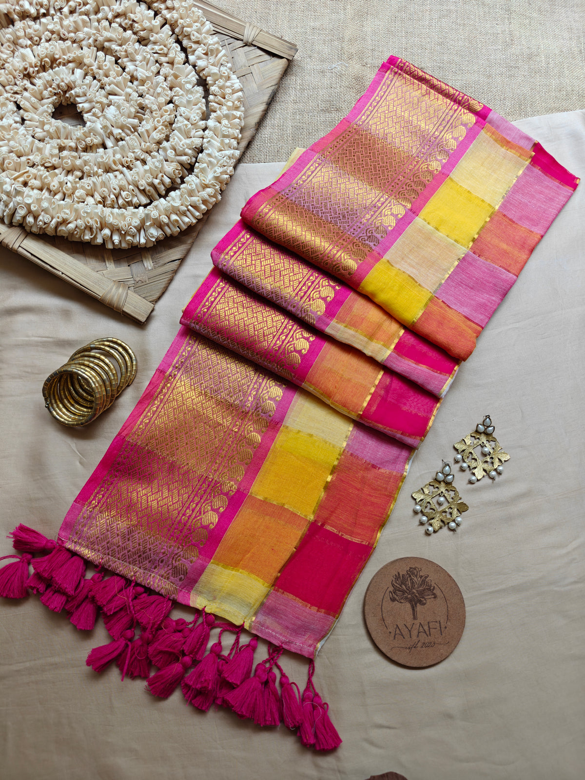 ANYA - Red-Yellow Multicolored Gold Zari Checked Multicolor MulMul Cotton Saree