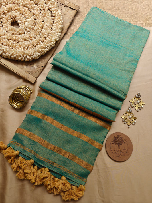 Teal Striped Pallu Linen Tissue Saree