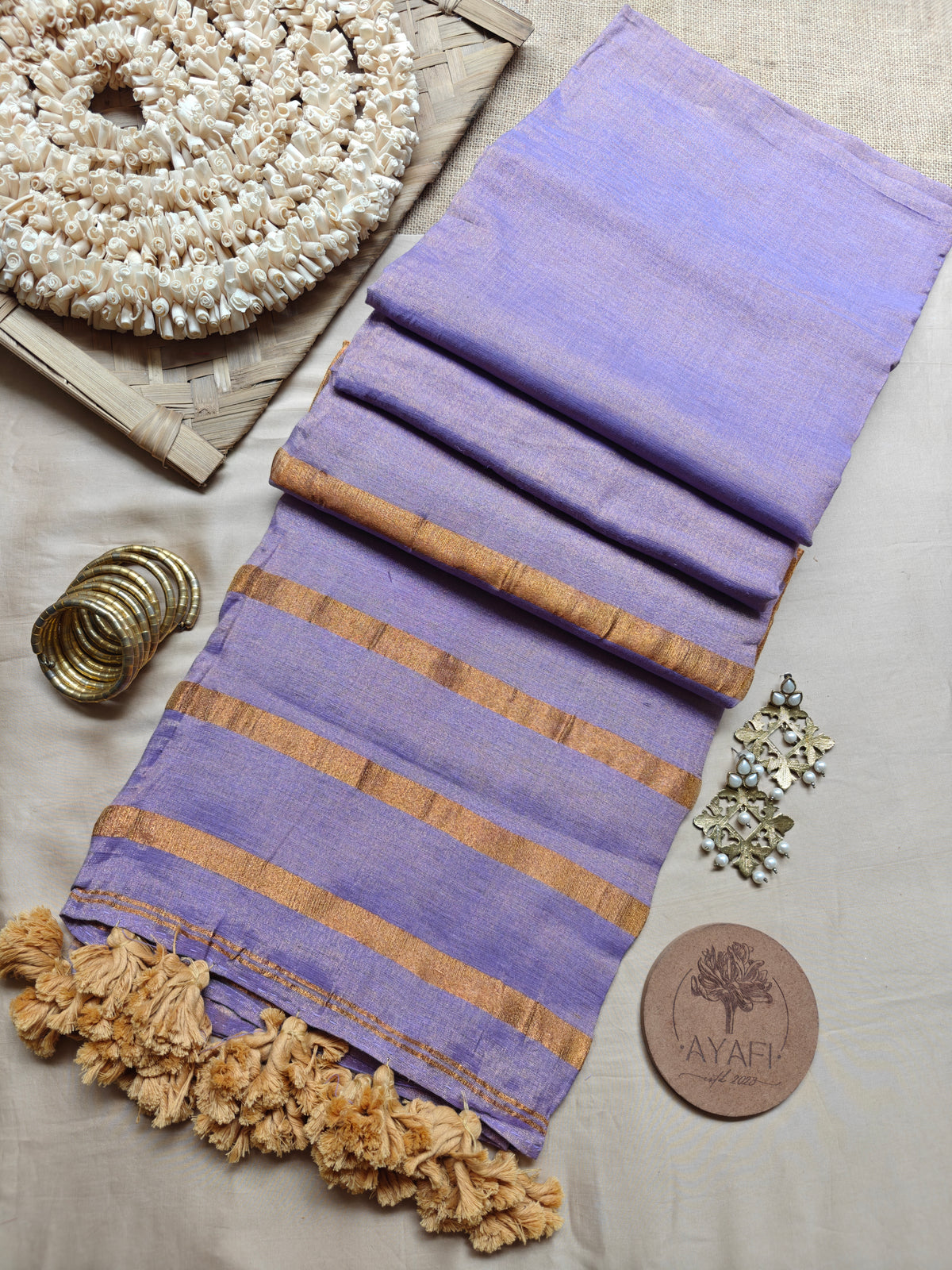 Lilac Striped Pallu Linen Tissue Saree