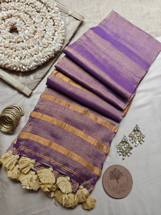 Dusty Mauve Striped Pallu Linen Tissue Saree