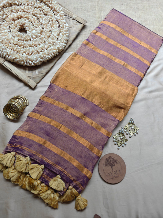 Dusty Mauve Striped Pallu Linen Tissue Saree