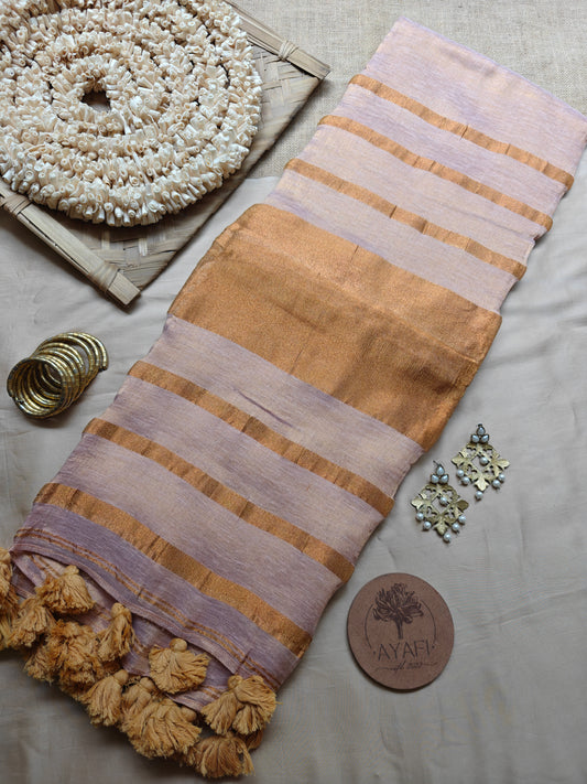 Soft Beige Striped Pallu Linen Tissue Saree