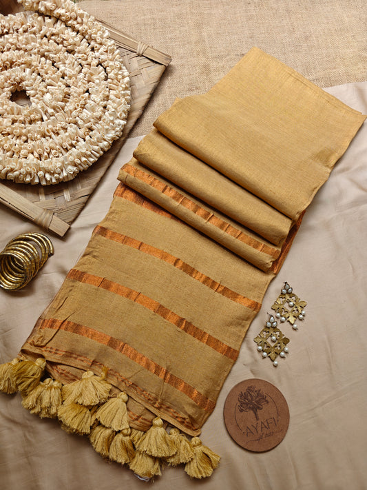Beige Striped Pallu Linen Tissue Saree