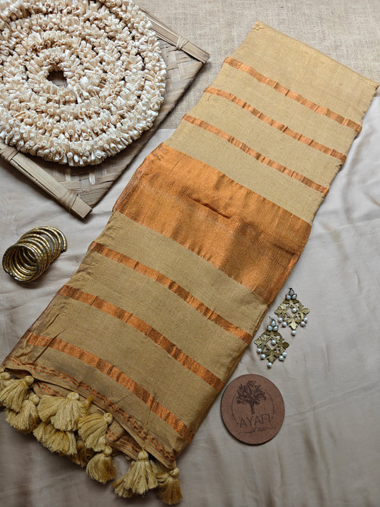 Beige Striped Pallu Linen Tissue Saree