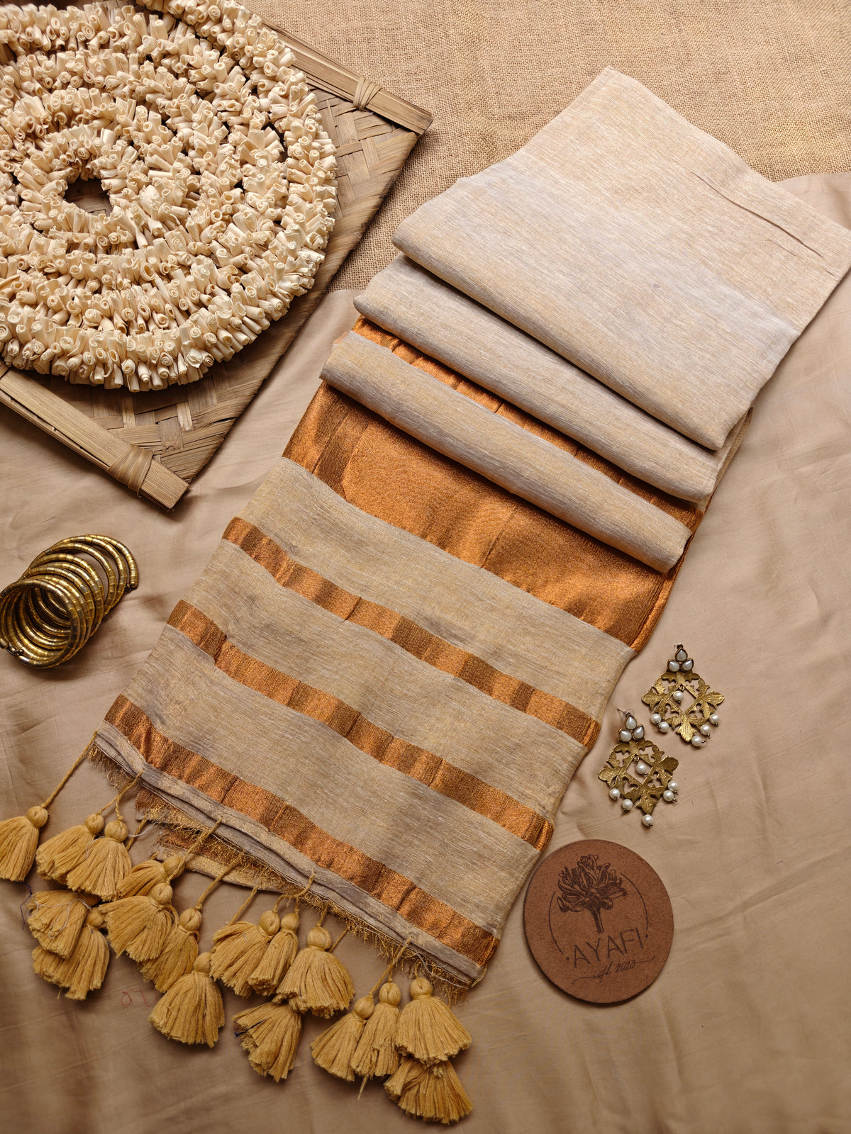 Cream Striped Pallu Linen Tissue Saree