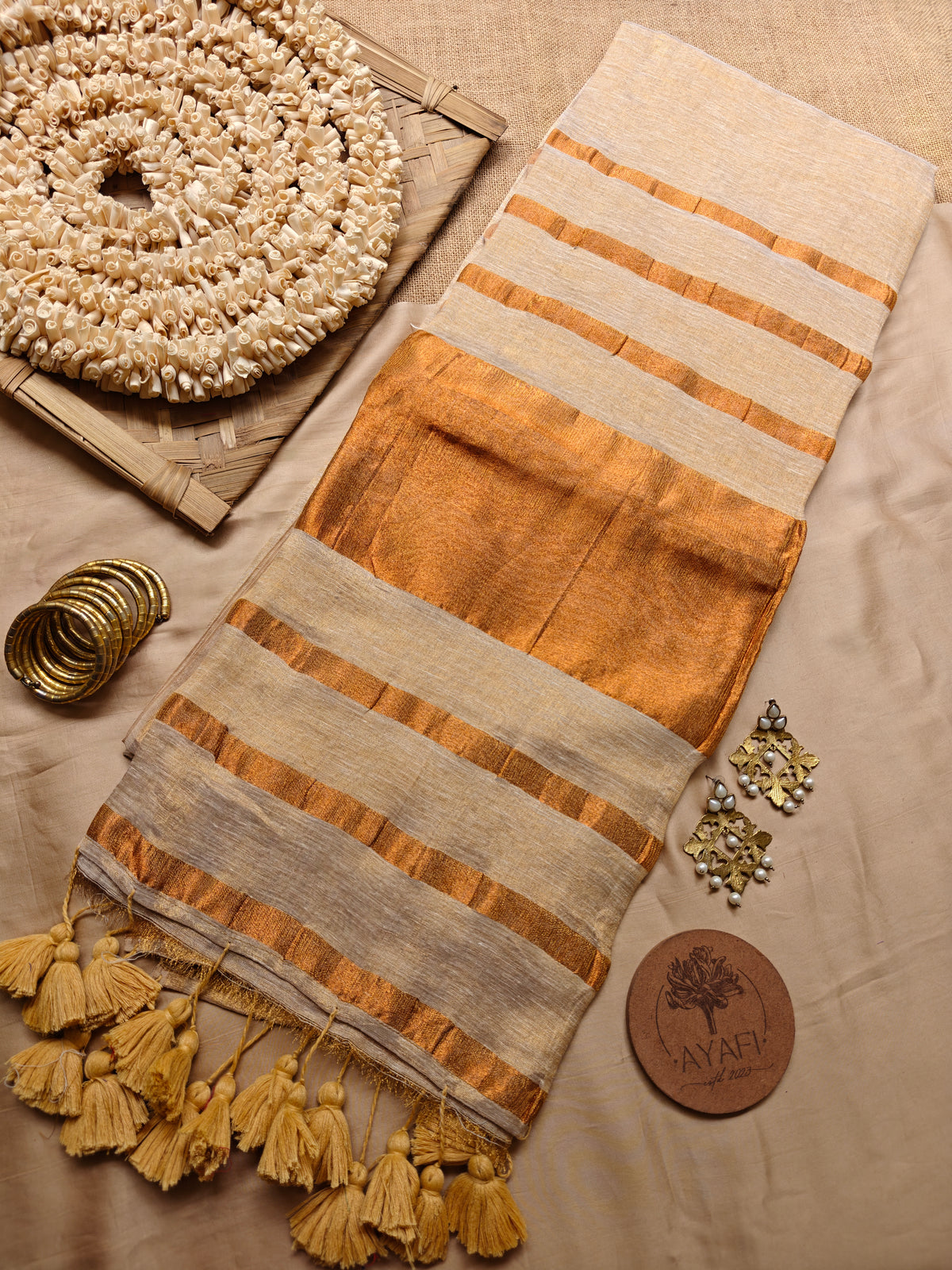 Cream Striped Pallu Linen Tissue Saree