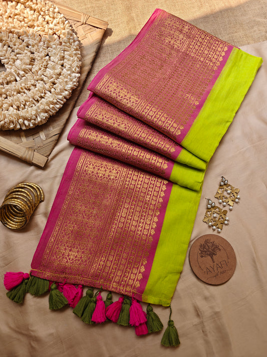 KAPILA - Green Jacquard Multicolored Zari Border Mulmul Saree