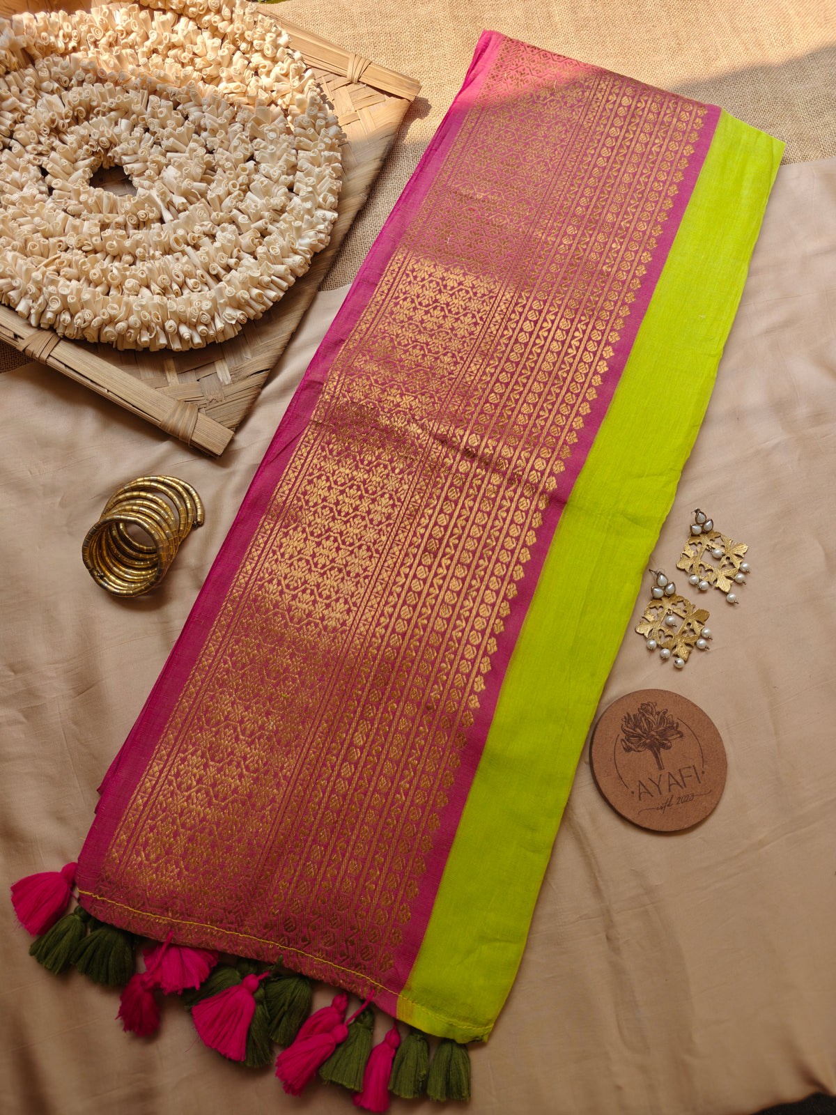 KAPILA - Green Jacquard Multicolored Zari Border Mulmul Saree