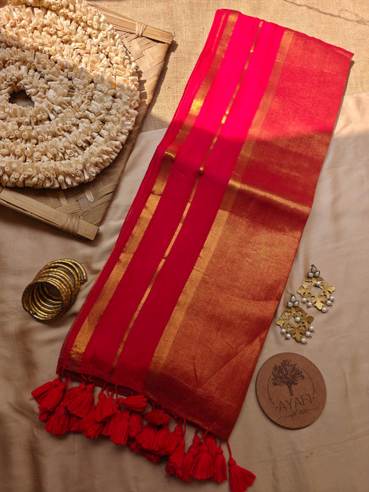 Red Striped Zari Border Mul Tissue Saree