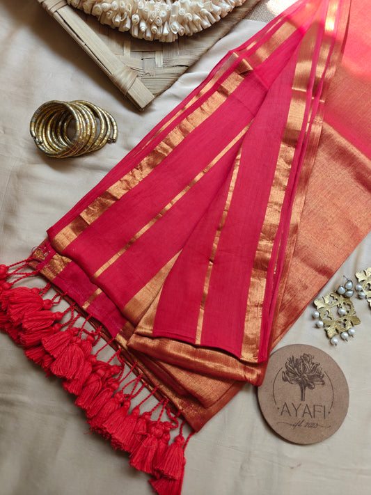 Red Striped Zari Border Mul Tissue Saree