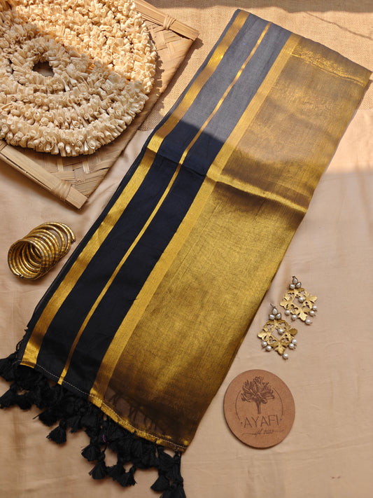 Black Striped Zari Border Mul Tissue Saree
