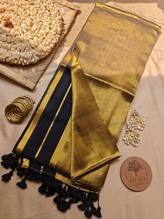 Black Striped Zari Border Mul Tissue Saree