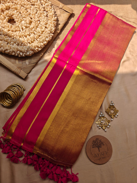 Pink Striped Zari Border Mul Tissue Saree