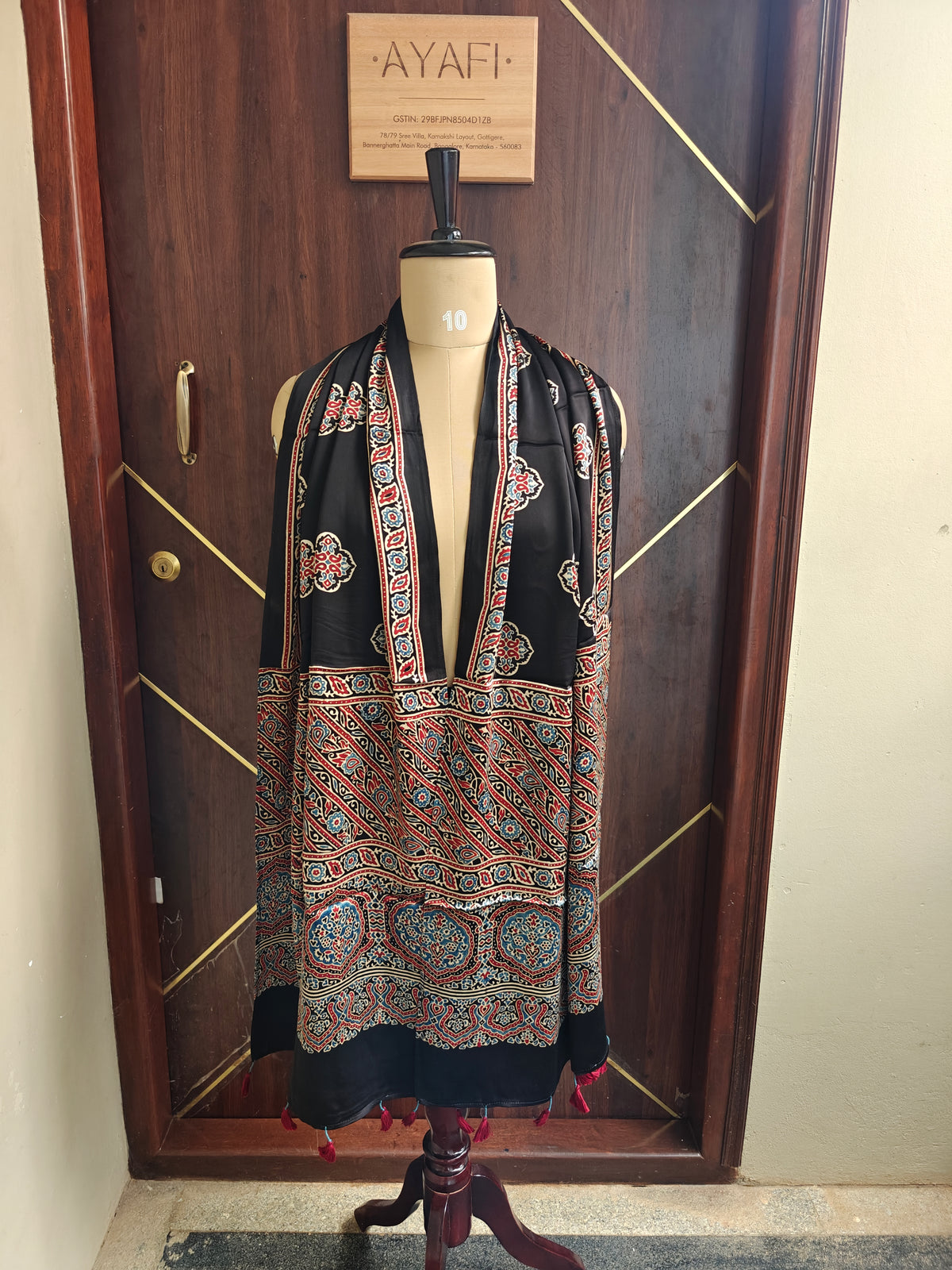 Black Handblock Printed Modal Ajrakh Stole