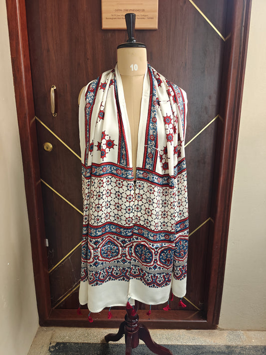 White Handblock Printed Modal Ajrakh Stole