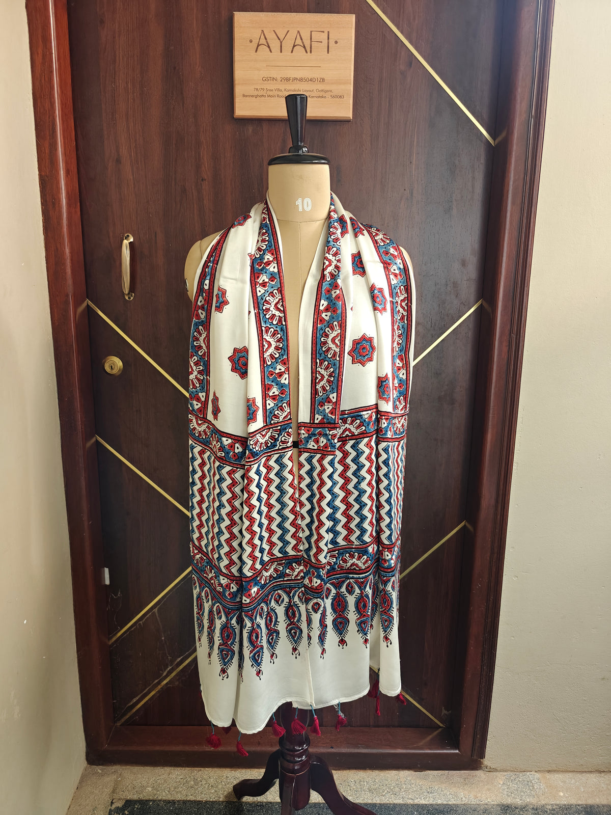 White Handblock Printed Modal Ajrakh Stole