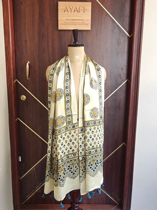 Beige Handblock Printed Modal Ajrakh Stole