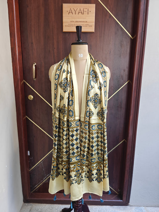 Beige Handblock Printed Modal Ajrakh Stole