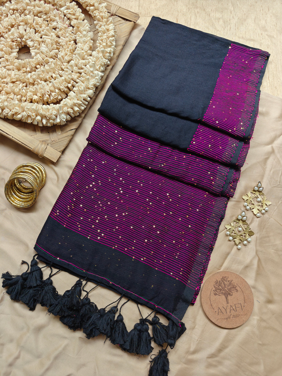 Black Sequin Striped Pallu Modal Cotton Saree