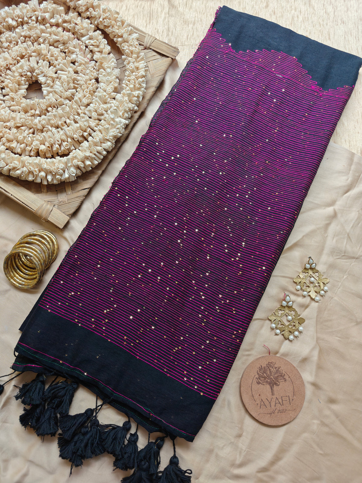 Black Sequin Striped Pallu Modal Cotton Saree