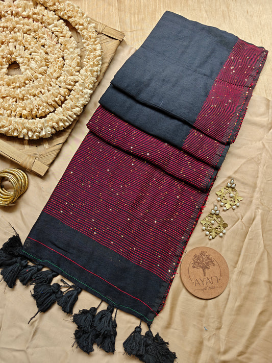 Black & Rust Sequin Striped Pallu Modal Cotton Saree