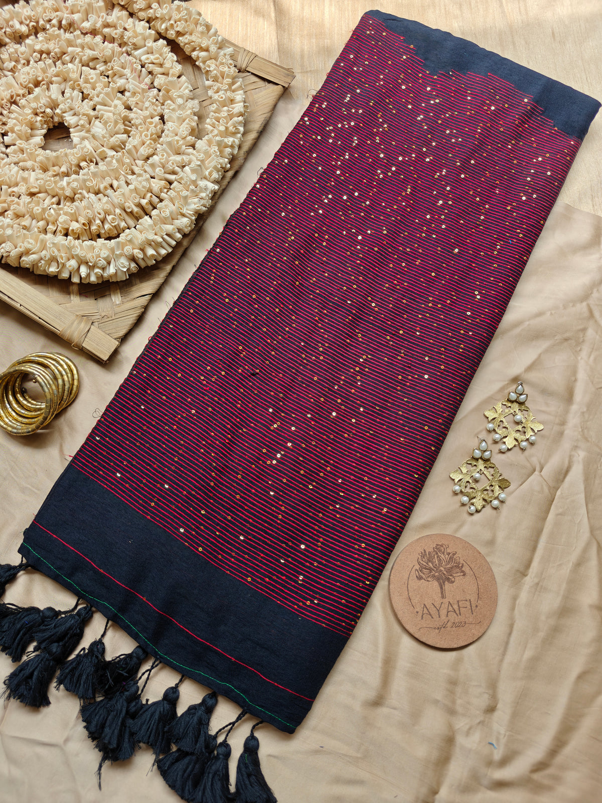 Black & Rust Sequin Striped Pallu Modal Cotton Saree