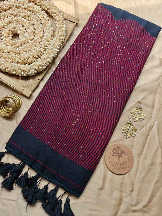 Black & Rust Sequin Striped Pallu Modal Cotton Saree