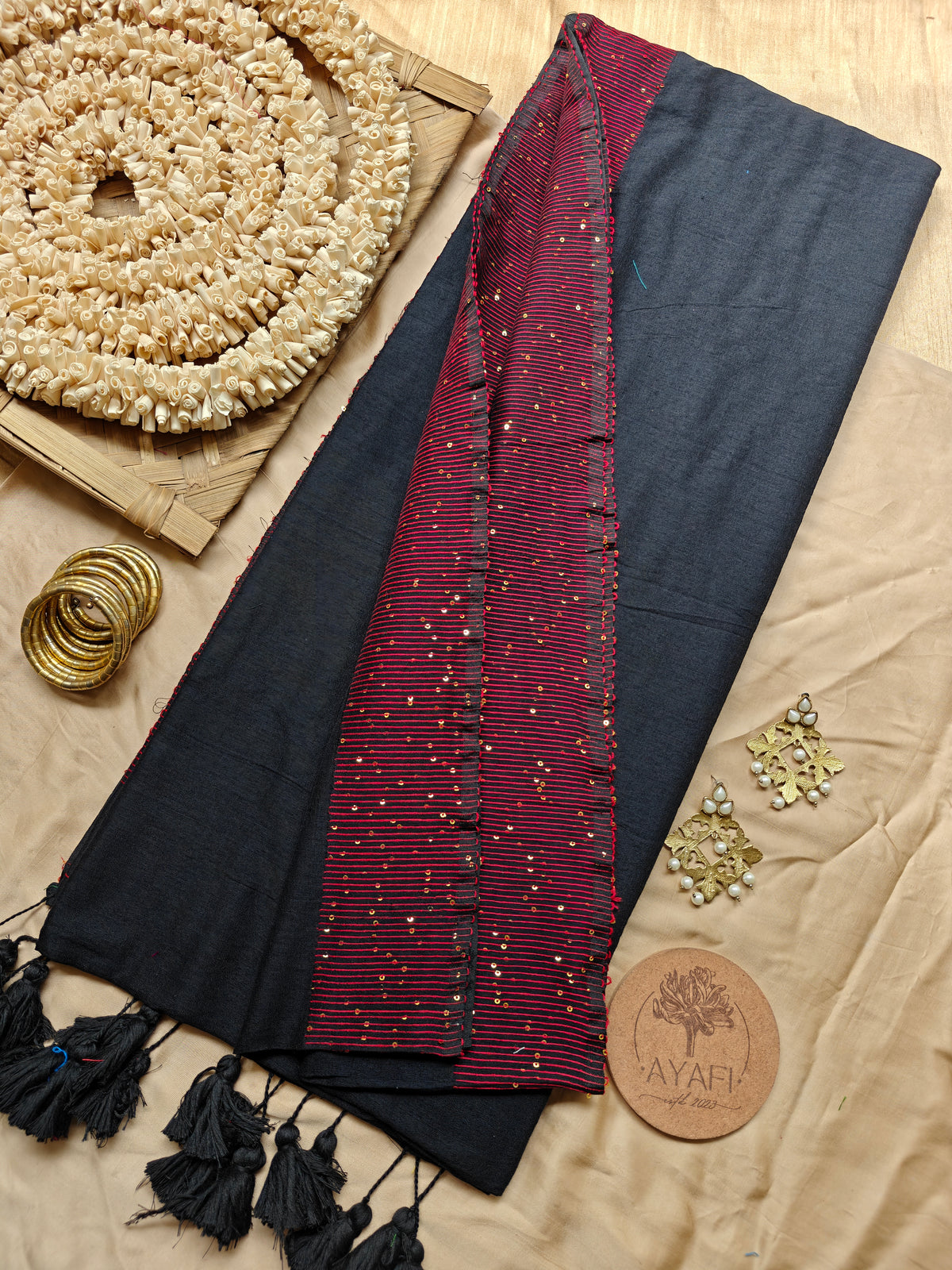 Black & Rust Sequin Striped Pallu Modal Cotton Saree