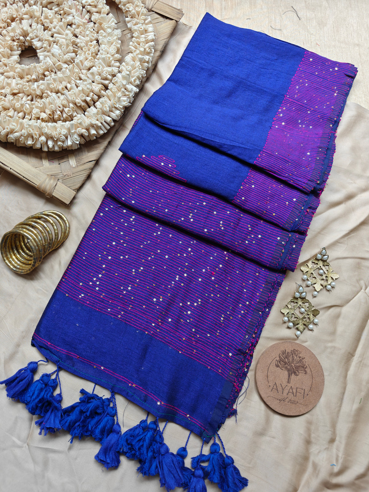 Blue Sequin Striped Pallu Modal Cotton Saree