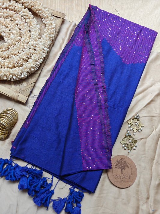 Blue Sequin Striped Pallu Modal Cotton Saree