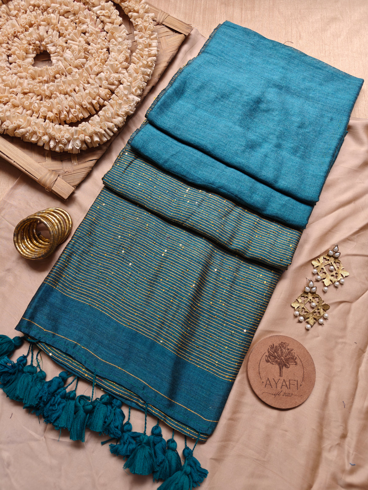 Rama Green Sequin Striped Pallu Modal Cotton Saree