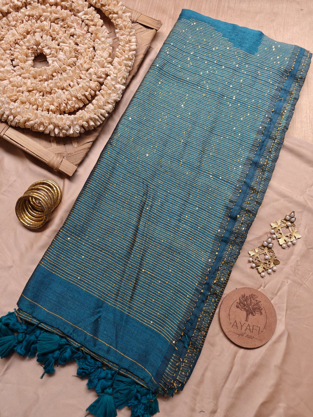 Rama Green Sequin Striped Pallu Modal Cotton Saree