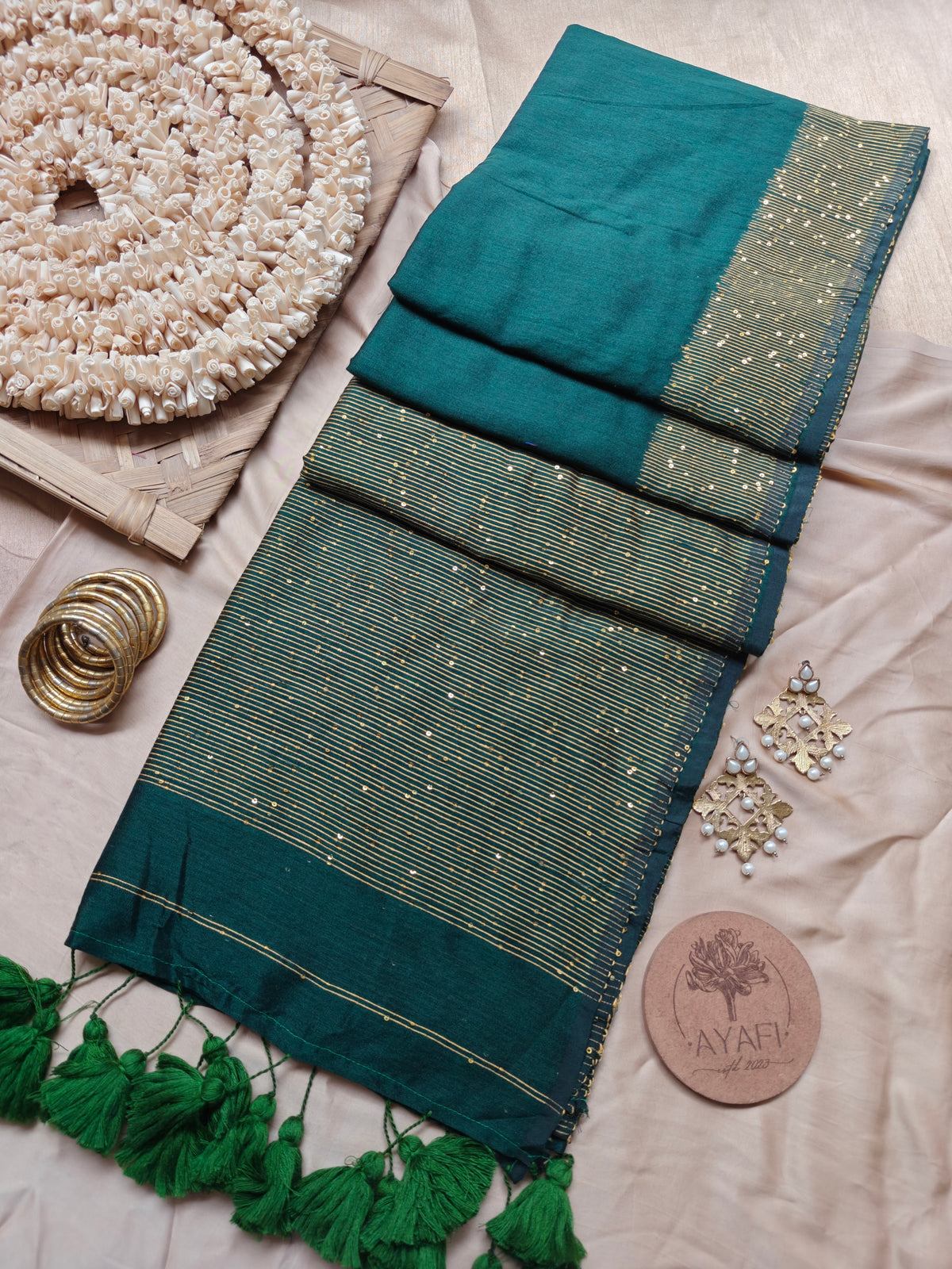 Bottle Green Sequin Striped Pallu Modal Cotton Saree