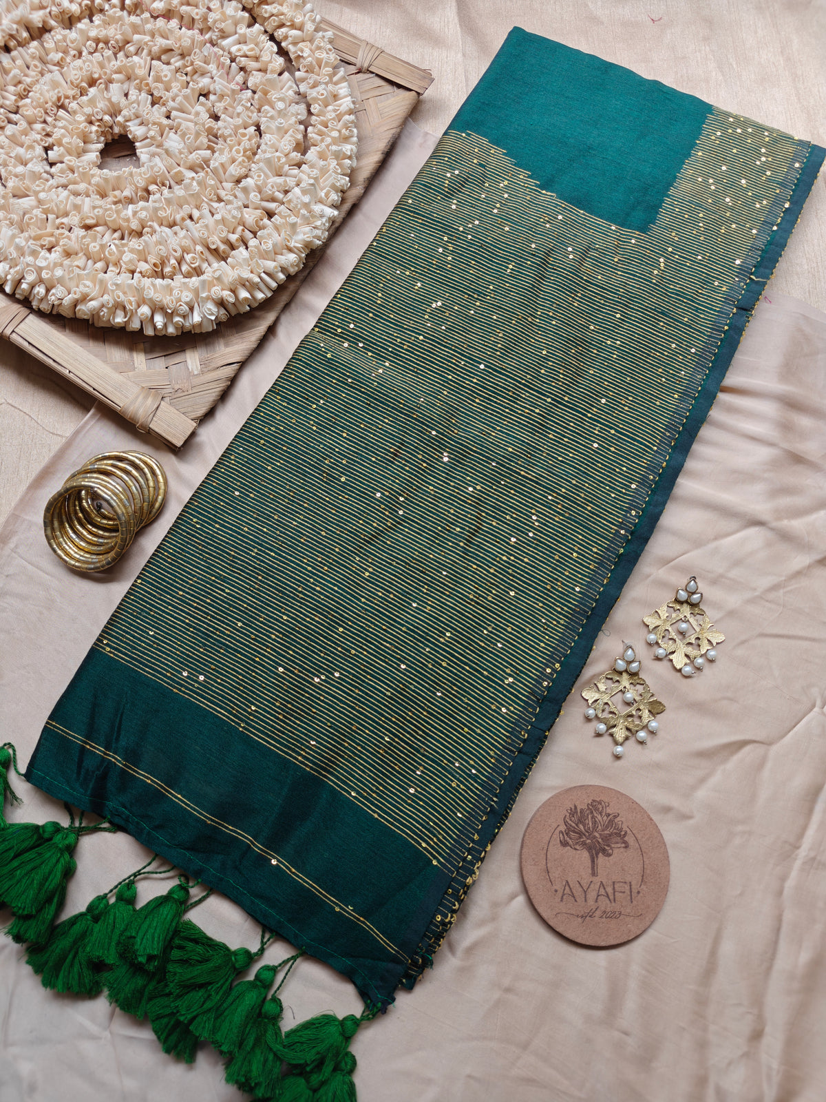 Bottle Green Sequin Striped Pallu Modal Cotton Saree