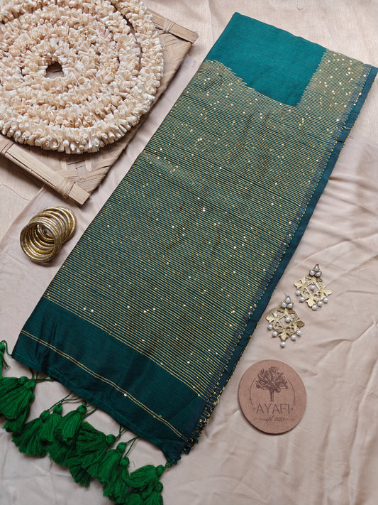 Bottle Green Sequin Striped Pallu Modal Cotton Saree