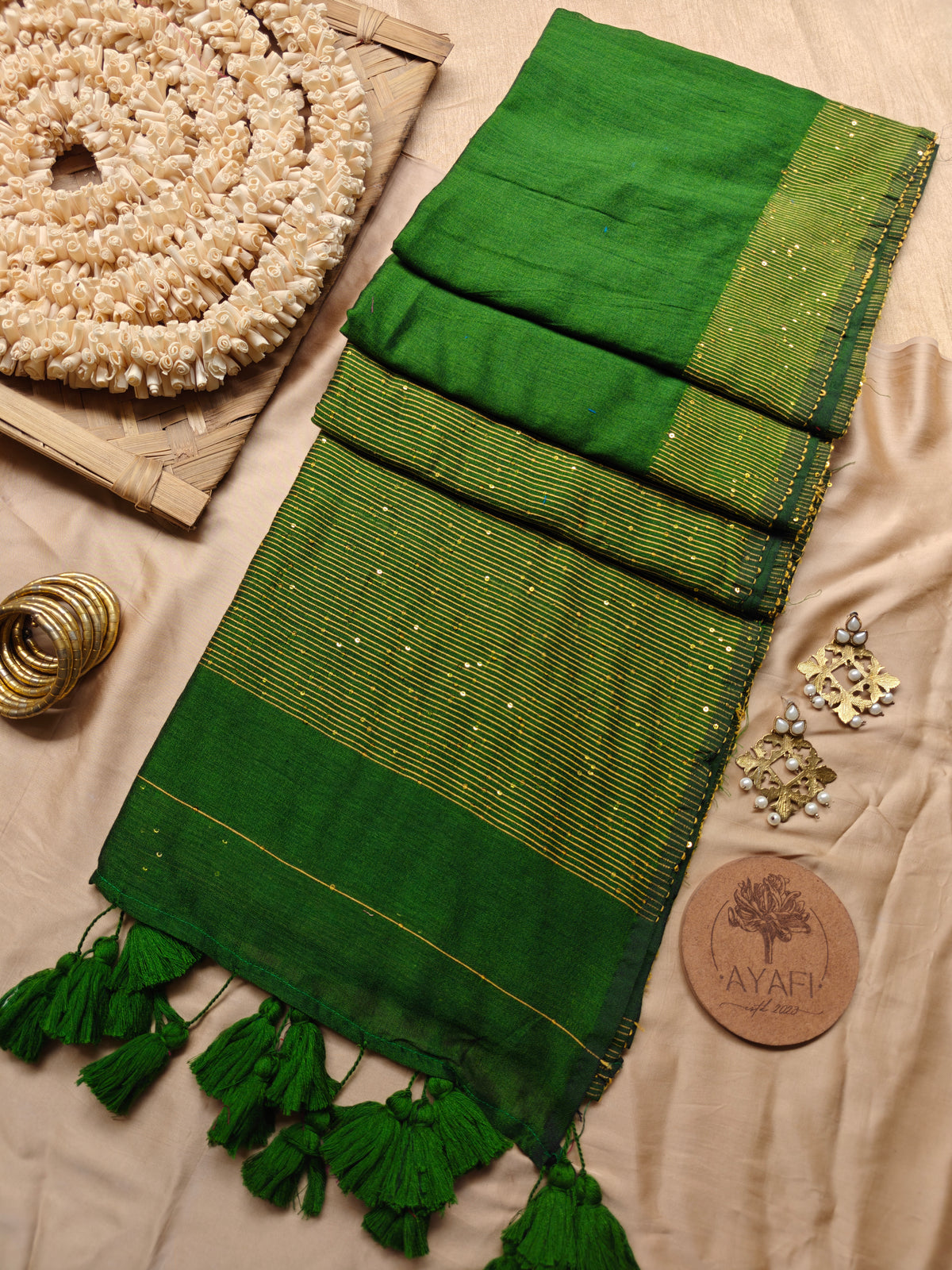 Forest Green Sequin Striped Pallu Modal Cotton Saree