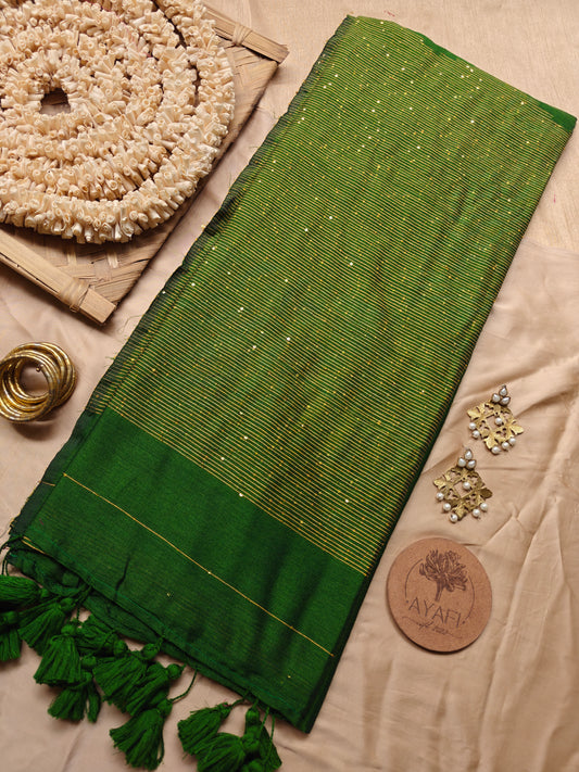 Forest Green Sequin Striped Pallu Modal Cotton Saree