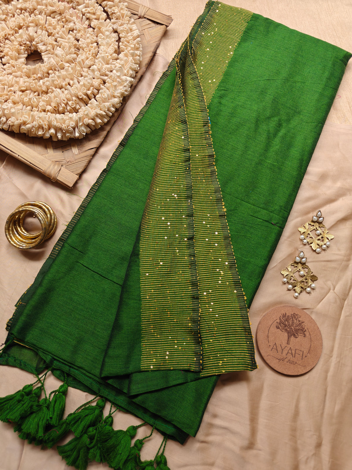 Forest Green Sequin Striped Pallu Modal Cotton Saree