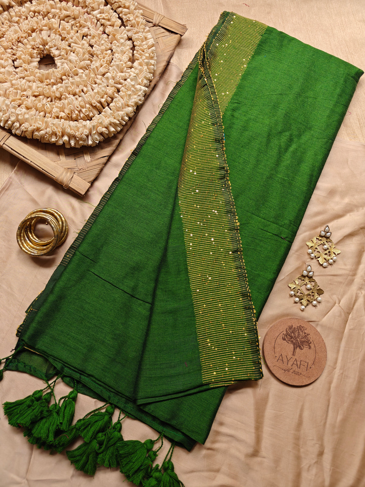 Forest Green Sequin Striped Pallu Modal Cotton Saree
