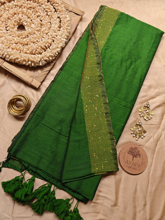Forest Green Sequin Striped Pallu Modal Cotton Saree
