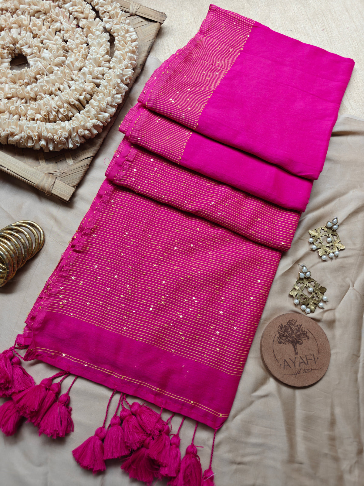 Dark Pink Sequin Striped Pallu Modal Cotton Saree