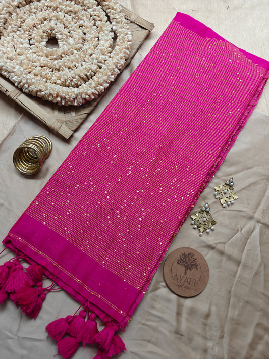 Dark Pink Sequin Striped Pallu Modal Cotton Saree